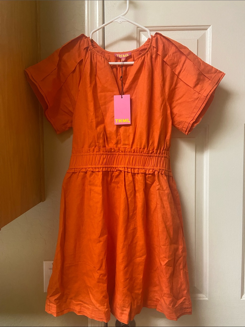 THML Bright Orange Short-Sleeve Casual Dress with Gathered Waist